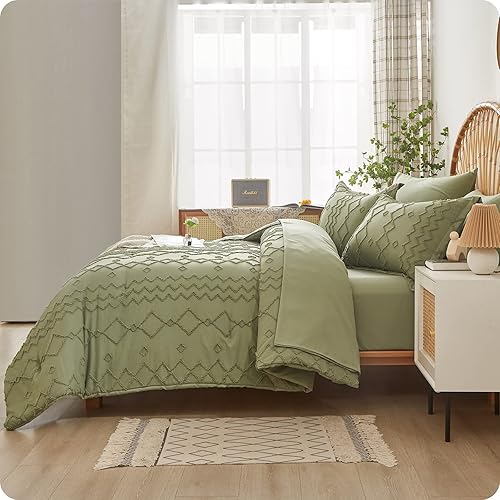 Miniatura 5 de Juego de edredón verde copetudo en una bolsa tamaño matrimonial con sábanas, juego de ropa de cama suave y ligero bordado geométrico de 7 piezas,