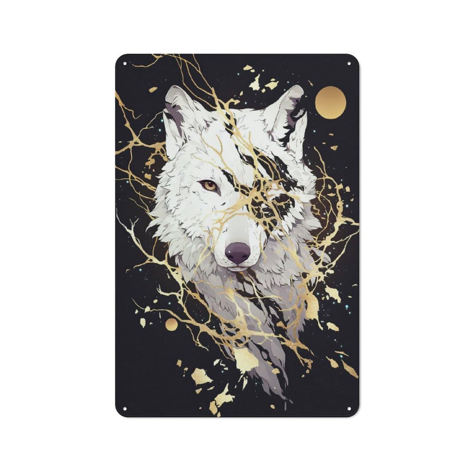 White Wolf with Golden Accents Tin Wall Plaque 30x20cm, Barn Style Rustic Kitchen Decor for Farmhouse Kitchen, Pantry Or Dining Area