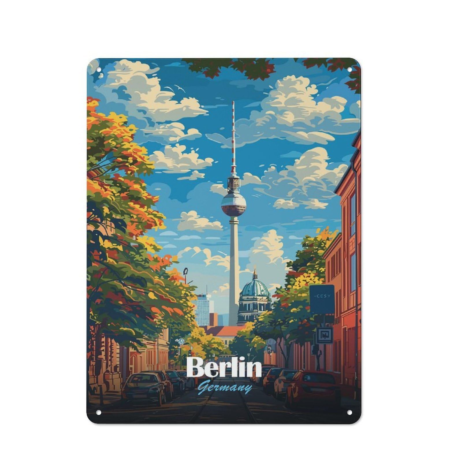 Berlin, Germany Cityscape Illustration Vintage Metal Sign 40x30cm, Vintage Cafe Wall Decor for Takeaway, Bar, Kitchen Or Counter Area