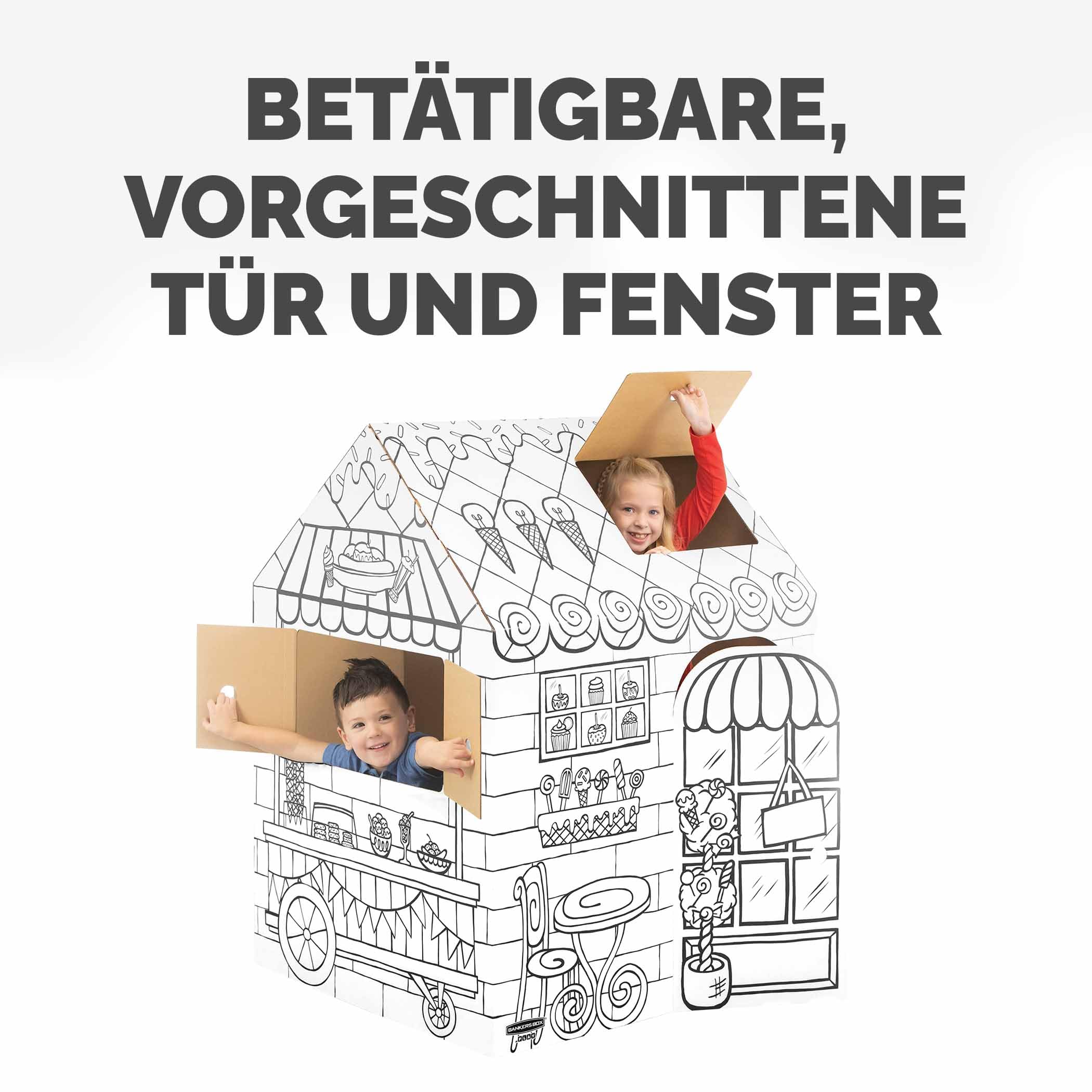 BANKERS BOX AtPlay -Treats & Eats Pappspielhaus für Kinder - Colour-In Craft Cafe Design - FSC-Zertifiziert & 100% recycelbar - Kreative Indoor-Spielhaus Spielzeug XXL (81.3x96.5x121.3cm) - Alter 3+