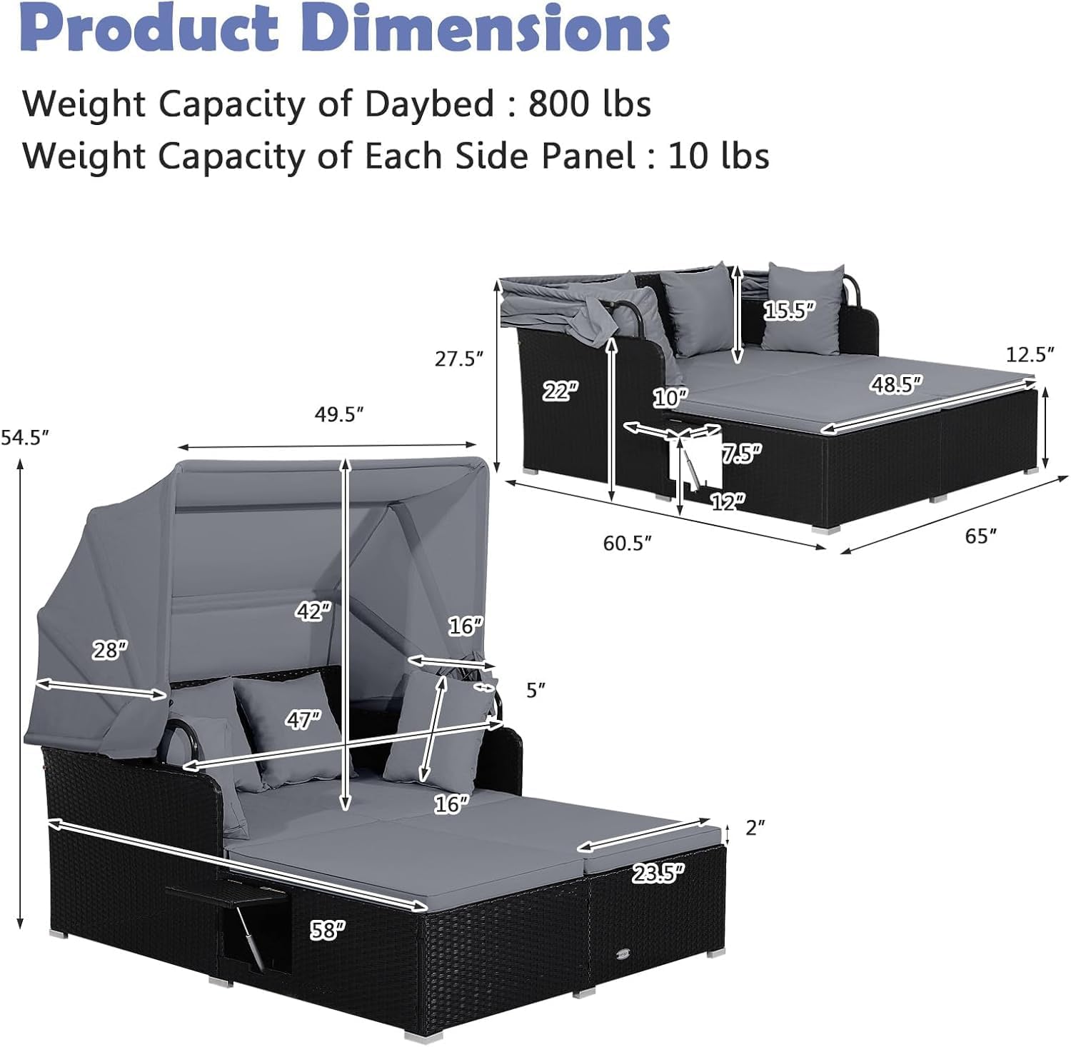 Tangkula Patio Rattan Daybed with Retractable Canopy, Outdoor Wicker Sunbed Lounger with 2 Foldable Side Tables, Thick Seat & Back Cushions, Outside Double Daybed for Garden, Backyard, Porch (Grey)