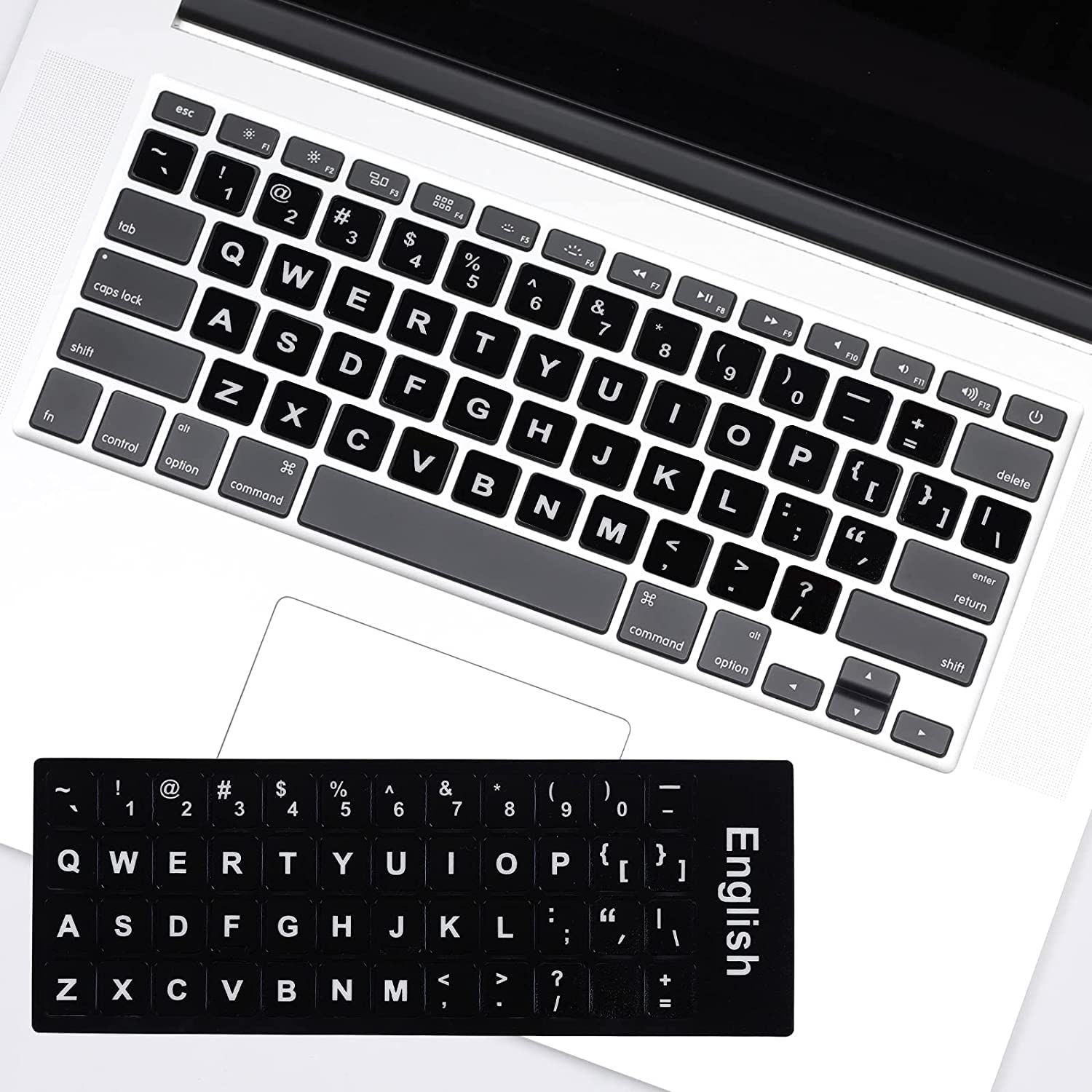 BOBOZHONG Coperchio della Tastiera Inglese del PVC,2 Pezzi Tastiera Autoadesivi Adesivi Tastiera Stickers Sfondo Nero con Scritta Bianca per Tastiera,per Computer Portatile Notebook