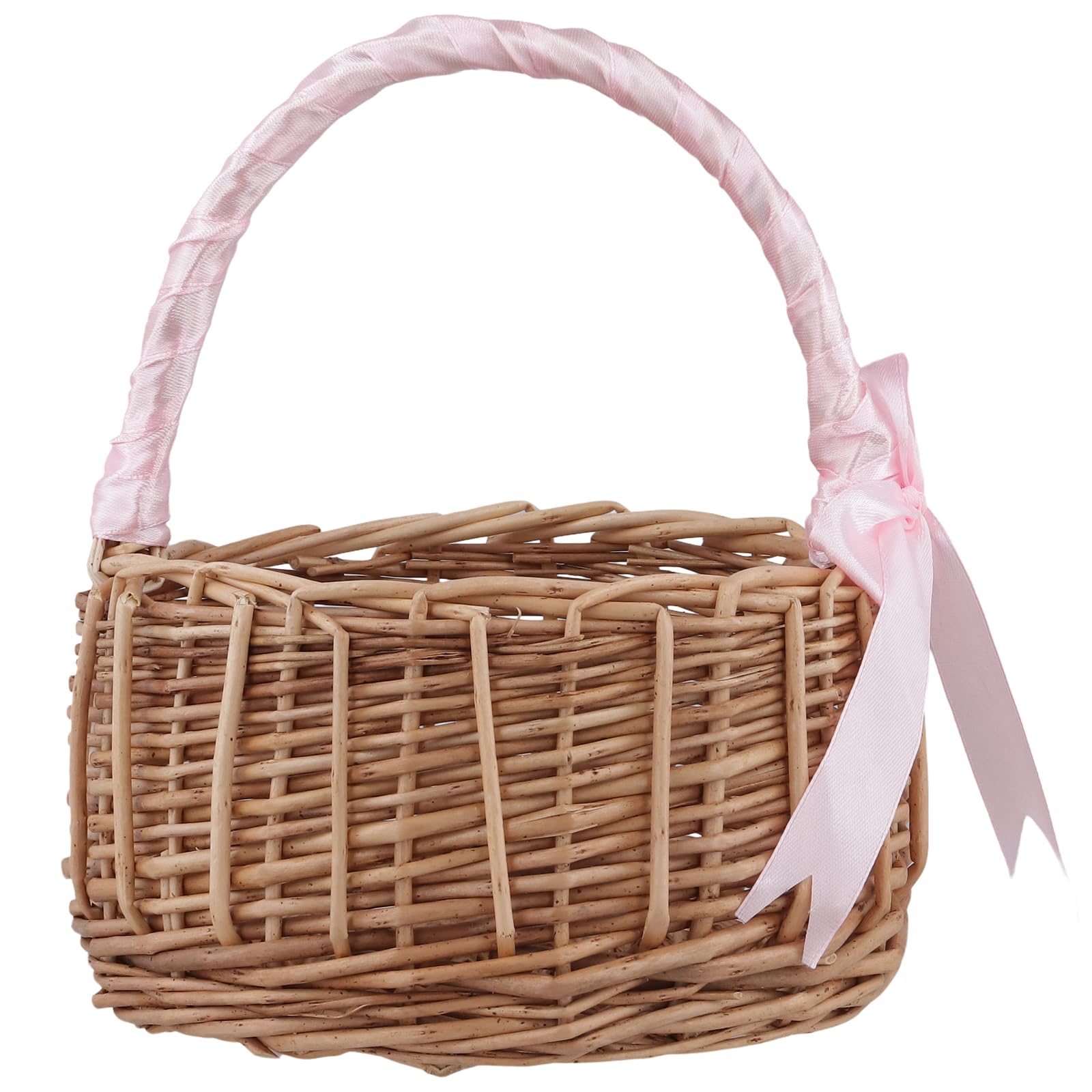 SINJEUN 2 Stück Blumenkorb Hochzeit mit Rosa Schleife, 19 x 15cm Handgeflochtener Blumenmädchen Korb, Klein Blumenkörbchen Blumenmädchen für Hochzeit und Deko