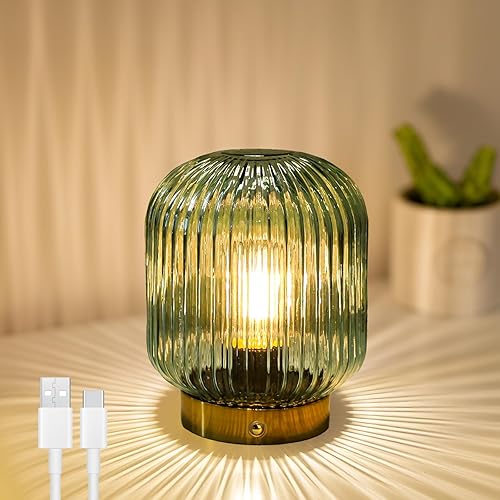 MJ PREMIER Lámpara de mesa recargable, lámpara de cristal verde con función de memoria, pequeña lámpara LED inalámbrica con brillo regulable,