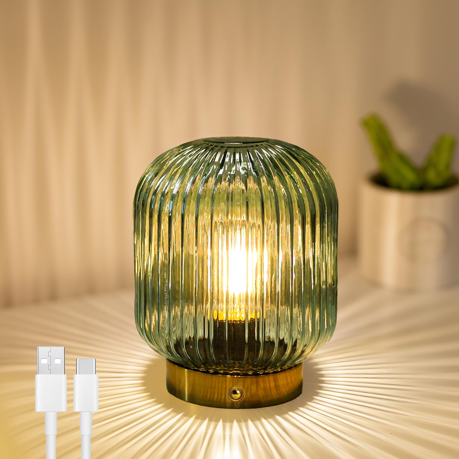 MJ PREMIER Rechargeable Table Lamp, Green Glass Lamp with Memory Function, Small Cordless LED Lamp with Dimmable Brightness, Decorative Touch Lamps for Bedroom Living Room (Green)-image-43