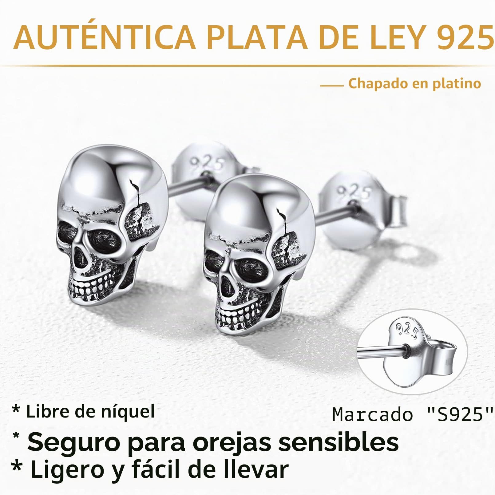 ChicSilver Pendientes Punk Calavera Plata de Ley 925 Hombre Pendientes Hip Hop Regalo Halloween Pendientes Vikingos Jovenes