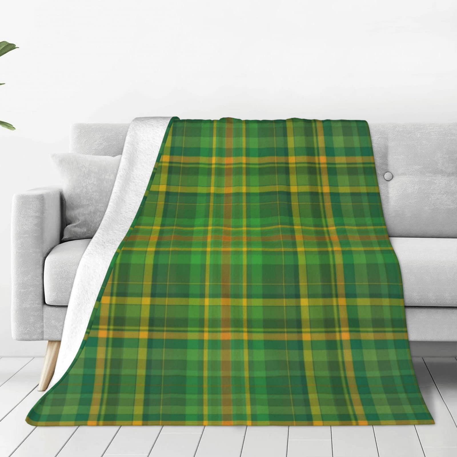 Lsjuee Throw Blanket Green Plaid Irish Warm Cozy Soft Lightweight Flannel Fleece Blanket for Bedroom Sofa Room Home Decorative Fuzzy Blanket 80"x60"