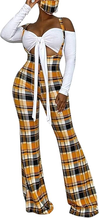 Plaid bell bottom jumpsuit Clearance
