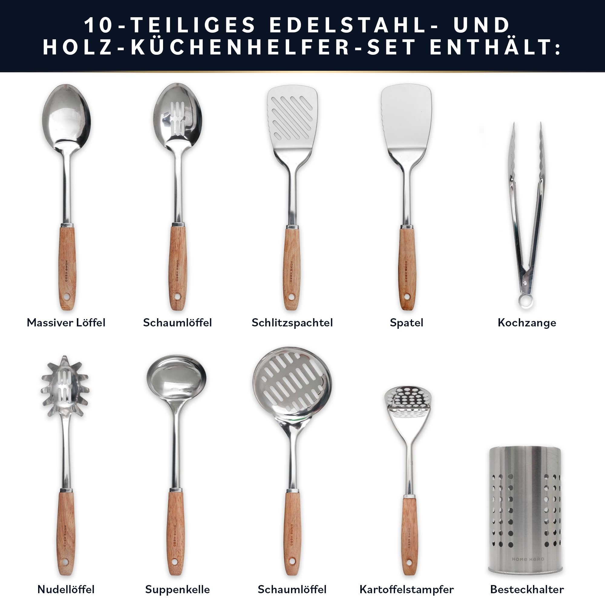 Home Hero Edelstahl-Küchenutensilien-Set - Antihaft-Edelstahl-Kochutensilien-Set - Hitzebeständige Küchenutensilien & Küchenhelfer aus Metall (10 tlg- Holz und Silbe)