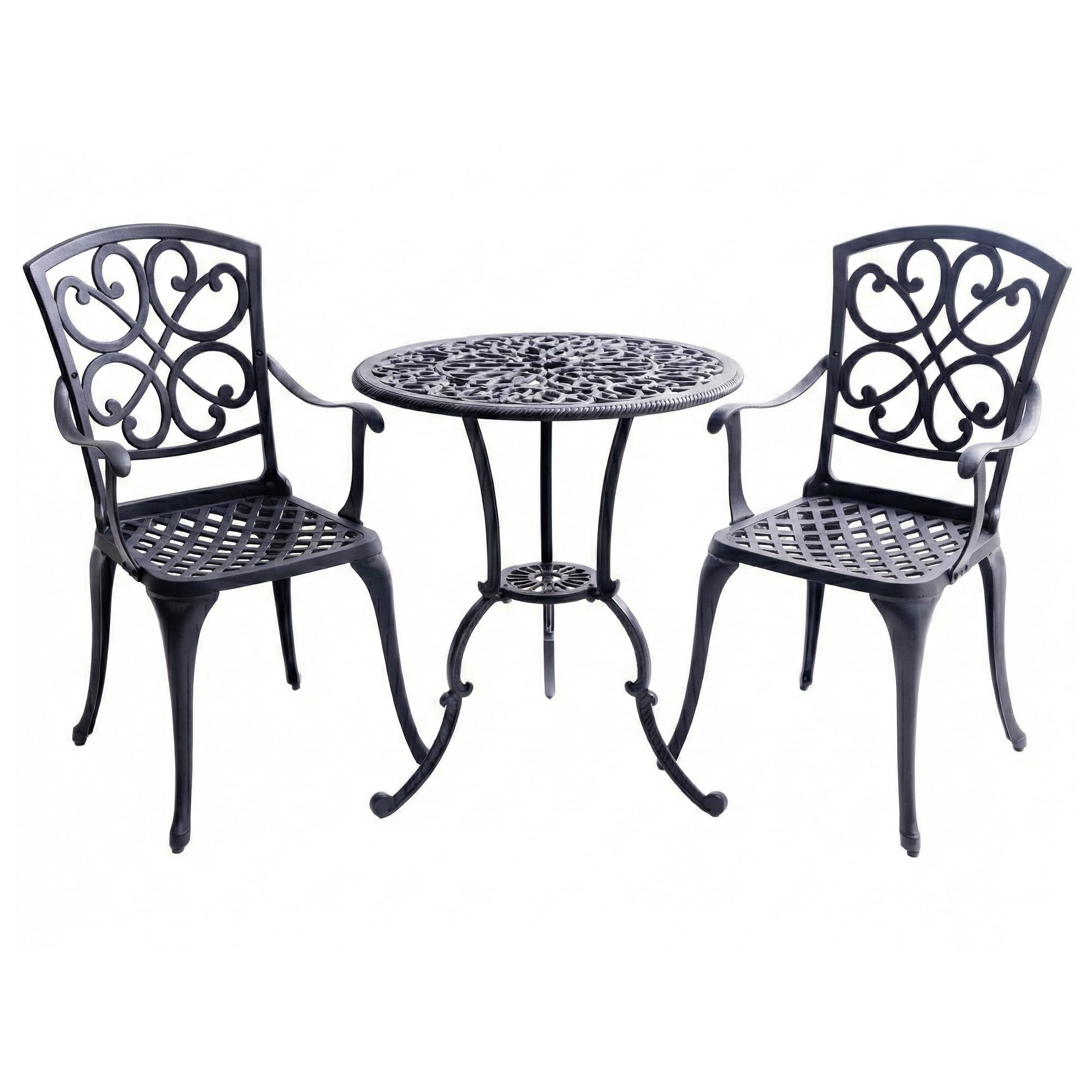 Centurion VIVALDI 3-Piece Cast Aluminium Garden Bistro Set - Rust-Proof Round Table with Parasol Hole & 2 Generously Sized Armchairs - Baroque Design for Patio, Balcony & Conservatory (Black)
