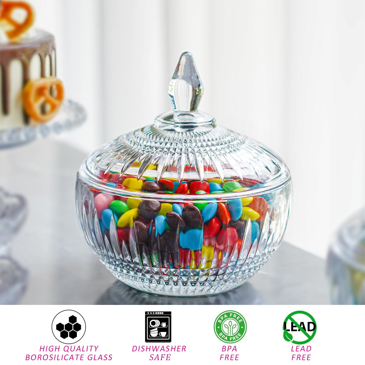 600 ml/21 oz Grande piatto di vetro per caramelle con coperchio, barattolo di vetro trasparente con coperchio, barattolo decorativo per buffet, feste, matrimoni, decorazione della casa, lavabile in