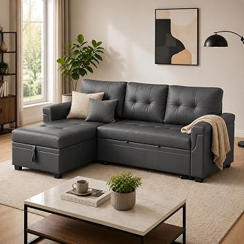 Naomi Home 84 L-Shaped Sectional Sleeper Sofa with Pull Out Bed | Sleeps Guests Comfortably, Stores Essentials in Chaise & Saves Space, Air Leather, Dark Gray Convertible Sofa Bed