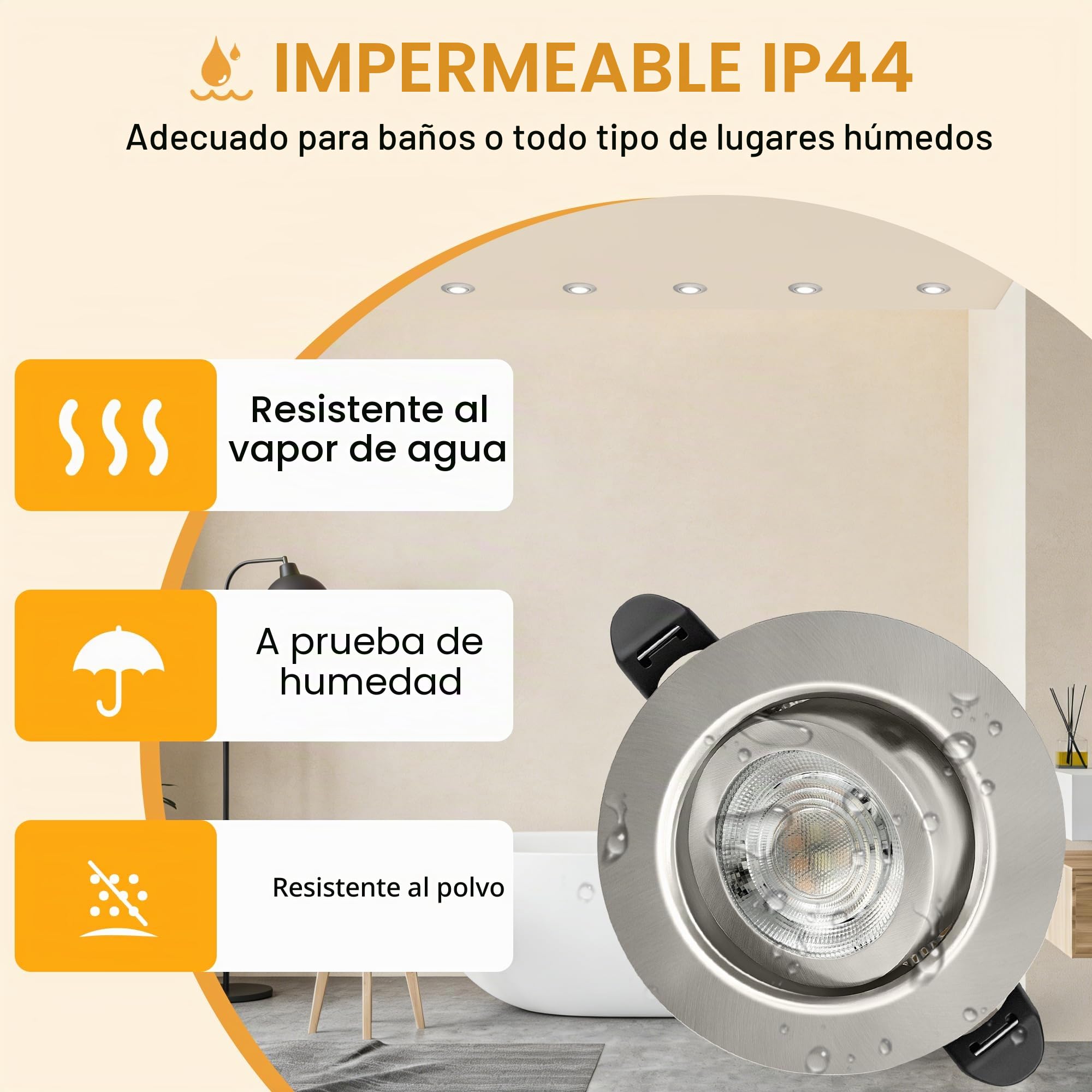 3CCT Downlight LED Techo Empotrable 230V Regulable 68mm 5.5W IP44 Ojos de Buey Extraplano Focos LED Interior Techo 45° Giratorio Foco Empotrable para Baños, Níquel 6 Pack