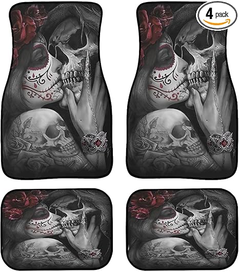 Love Sugar Skulls Car Floor Mats Custom Sugar Skeleton Lovers Girl with Rose Gothic Skull Flower Design Floor Mats for Cars Universal Front Rear Car Rugs Auto Car Accessories for Car Truck