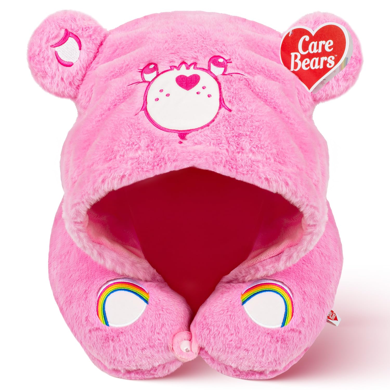 Care Bears - Cheer Bear Snuggle Hood, Travel Pillow for Airplane and Car, Soft Plush, Neck Pillow with Hood and Button Clip - Pink