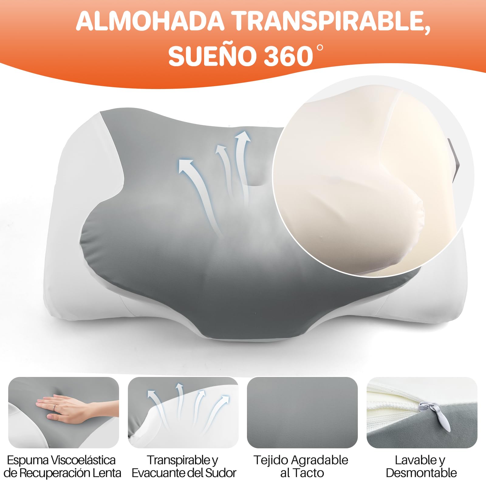 FUNYKICH Almohada de Espuma Viscoelástica de Ruido Blanco con 32 Sonidos, 58×36×8/11.5cm Almohada Cervical Ergonómico de Mariposa, Funda Desenfundable y Lavable,Tecnología de Conducción Ósea