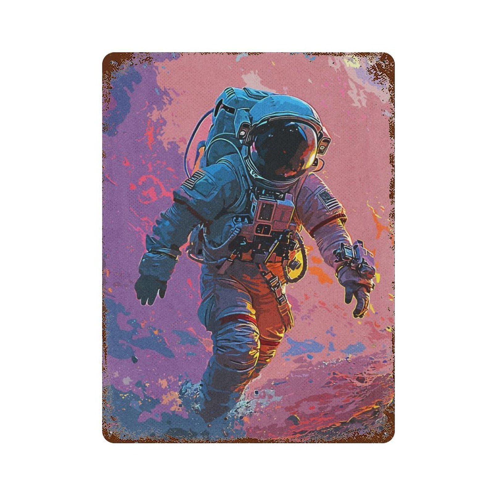 Rust Effect Tin Sign Astronaut Paintings 15.7"x11.8", Vintage Wall Decor for Basement, Hobby Room And Garage Decor