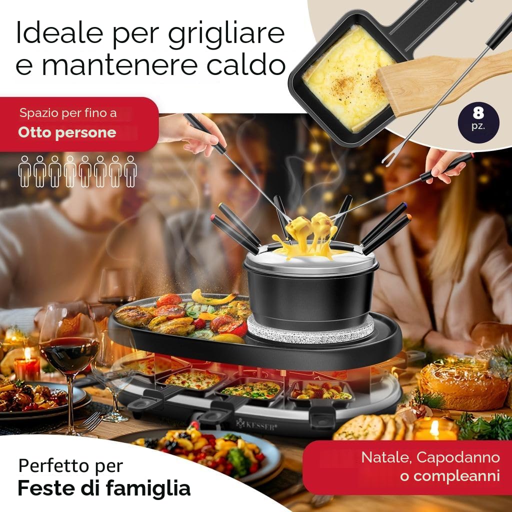 KESSER® Griglia per Raclette 3in1 con pietra naturale per grigliare, piastra per grigliare e fonduta, griglia da tavolo per 8 persone, griglia elettrica da raclette piastra antiaderente