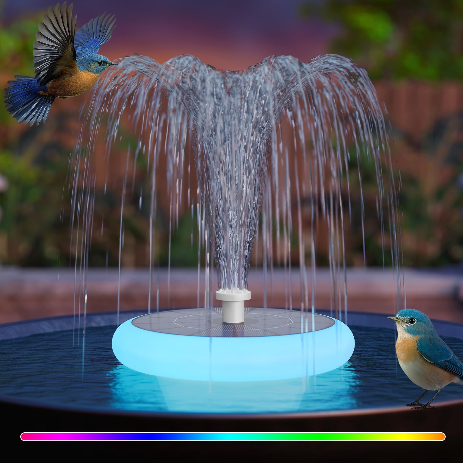 Photo 1 of 2 Pack Solar Fountain for Bird Bath with RGB LED Lights and 6 Nozzle, 3W Solar Powered Water Pump for Pond Pool Patio and Garden Aquarium Outdoor