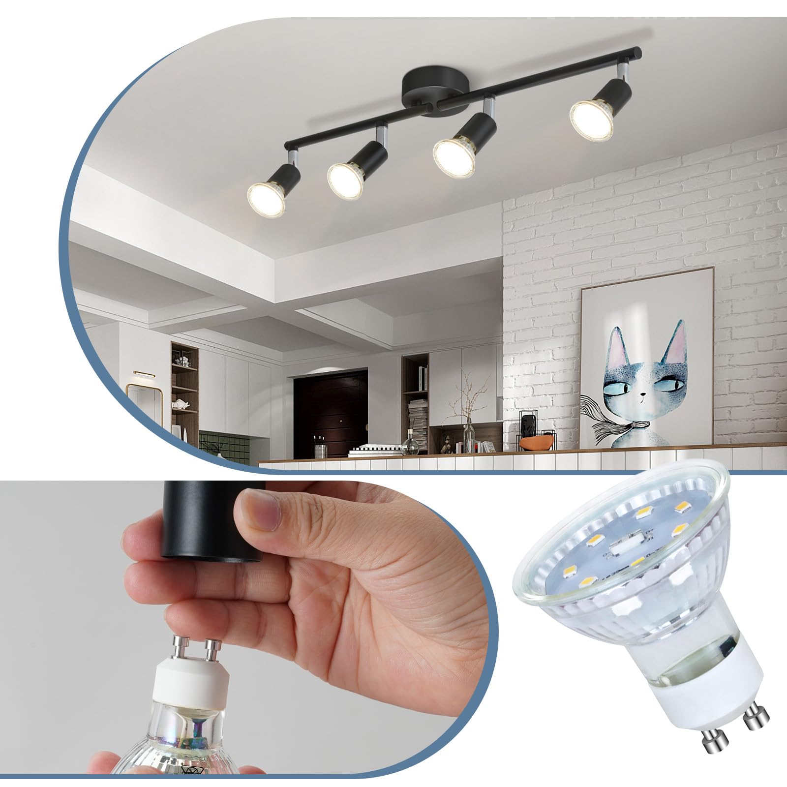 Plafonnier LED 4 Flammes Noir GU10 Rotatif - Spot De Plafond Moderne Pour Cuisine, Salon, Chambre - Installation Facile