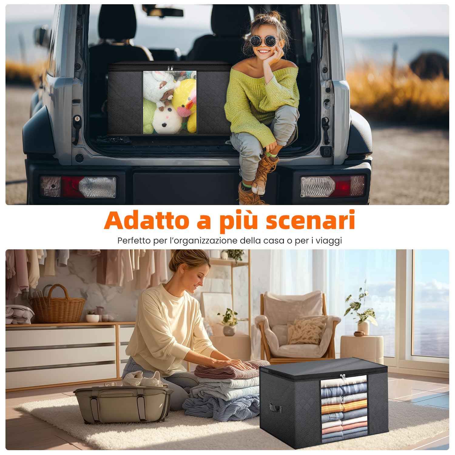 Set da 3 Borse Salvaspazio Pieghevoli 80L – Grigio Scuro – Tessuto a 3 Strati con Finestra Trasparente – per Vestiti, Coperte, Letto, Armadio