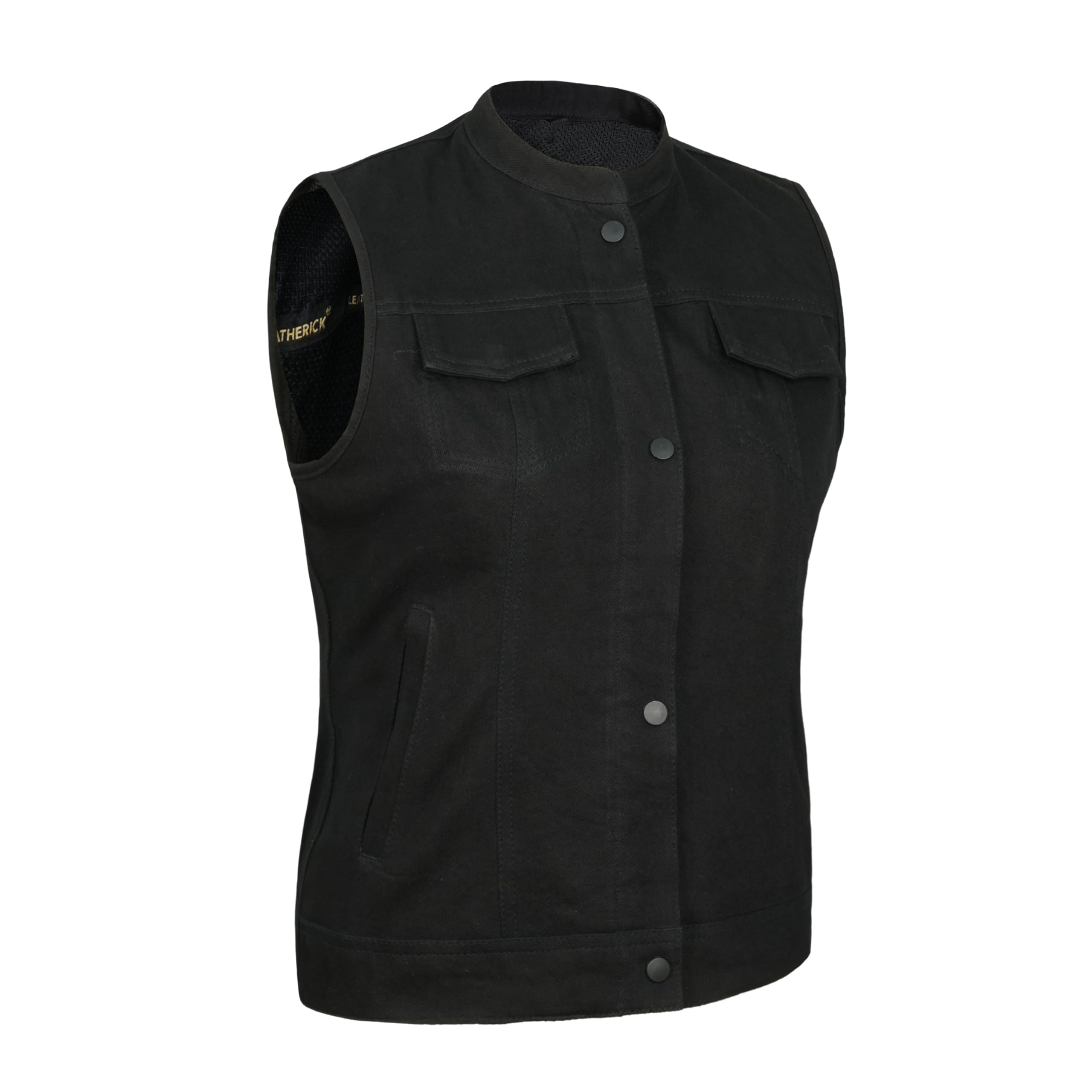 Leatherick Gilet da motociclista in denim puro da donna – Gilet da motociclista resistente in stile club da donna con 7 tasche funzionali
