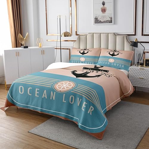 Miniatura 3 de Erosebridal Juego de colcha náutica de ancla de barco para mujeres y niños, juego de colcha de brújula de barco, estilo vintage, rayas azul claro,