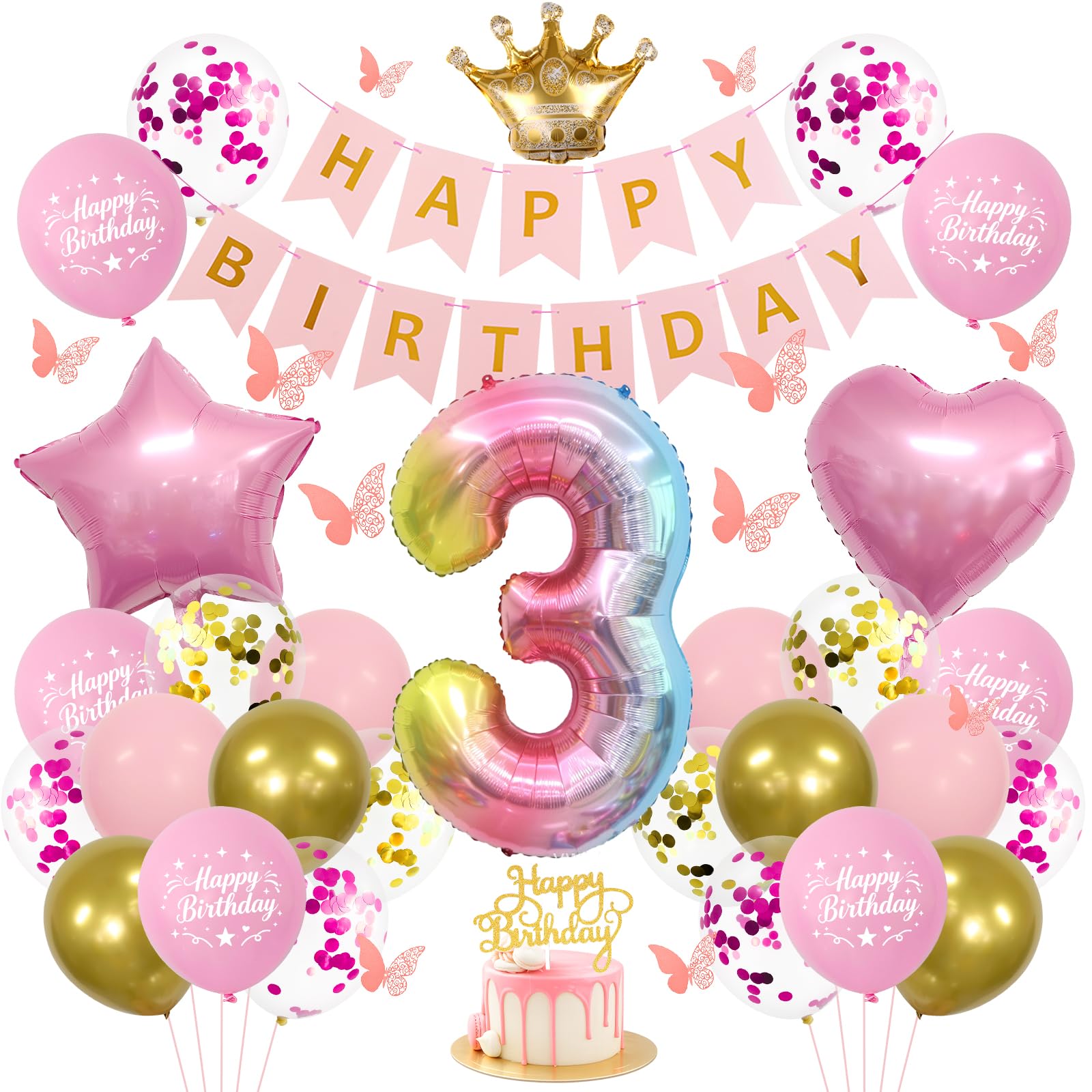 Pink Princess 3rd Birthday Decorations for Girls, Balloons Set Number 3