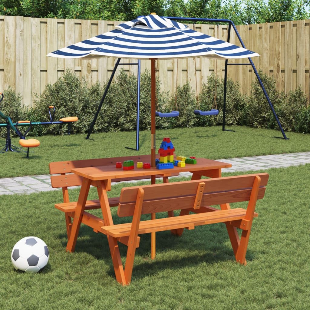 Tavolo da picnic per 4 bambini con ombrellone in legno di abete massiccio, 90 x 108 x 54 cm, stabile, robusto, resistente alle intemperie, per giardino, terrazza, esterni, ideale per