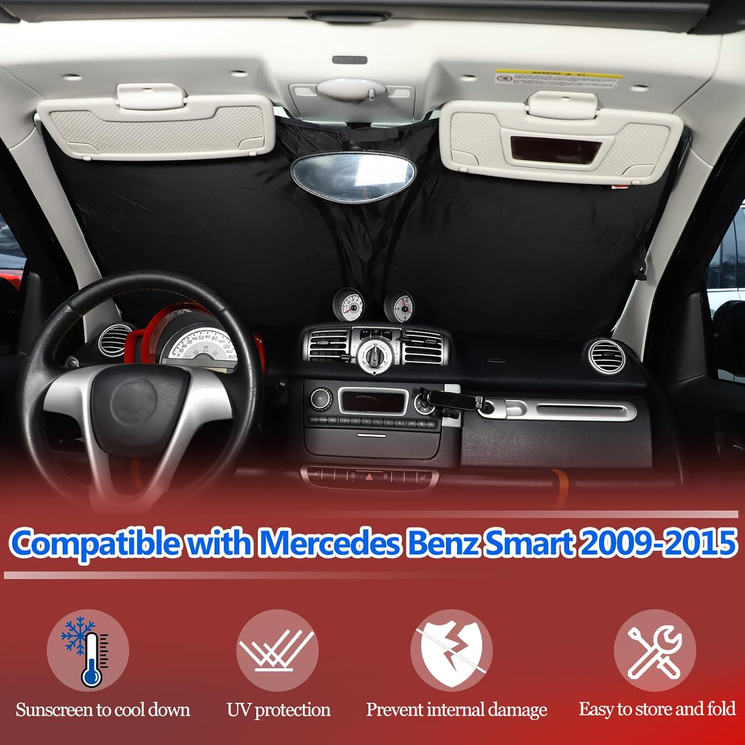 Car Front Windshield Sunshade Compatible with Mercedes Benz Smart 451 Fortwo 2009-2015 Foldable Front Window Sun Shade Shield Block Heat and Sun Protection (White, Memory Wire)