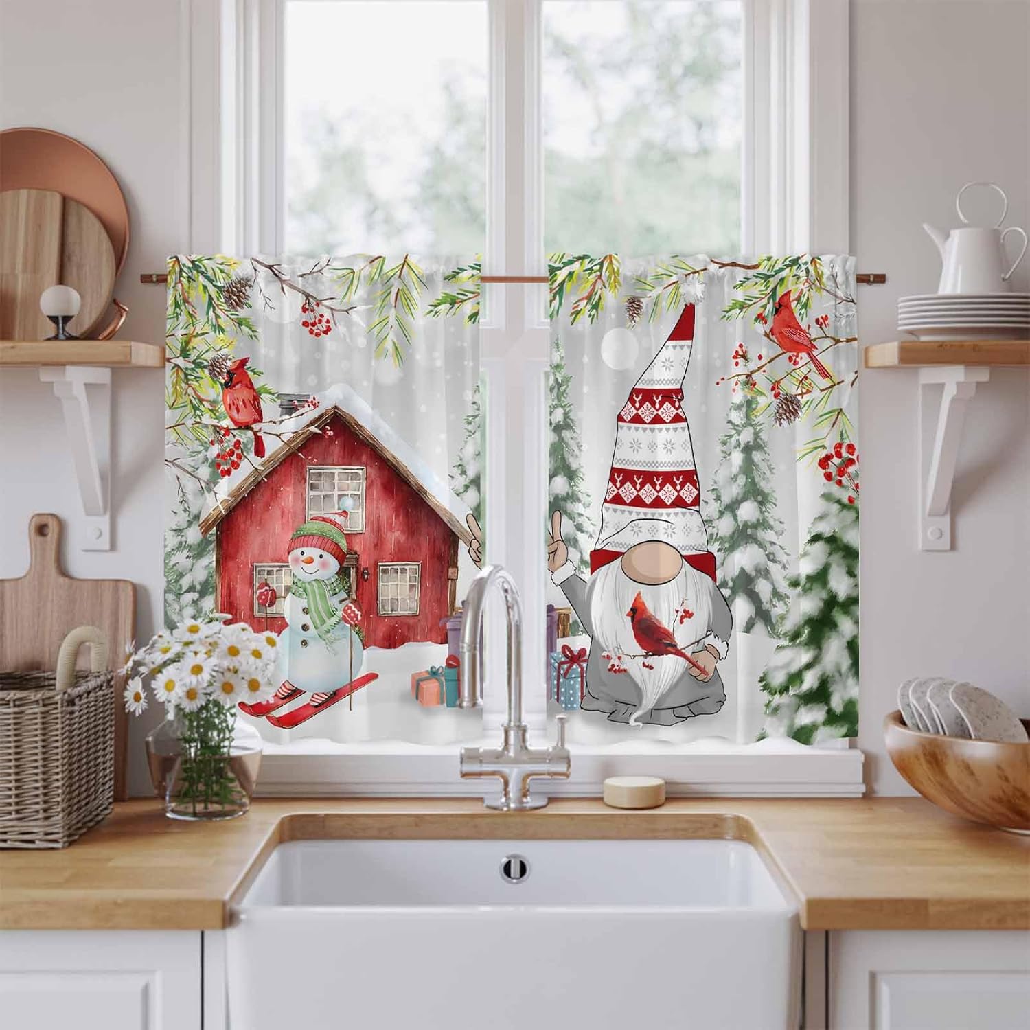 Christmas Gnomes Kitchen Tier Curtains 45 Inch Long 2 Panel Set,Rod Pocket Short Window Treatment,Xmas Trees Snowman Red Birds Snowflake Curtains & Drapes for Bathroom Basement 27.5"W x 45"L