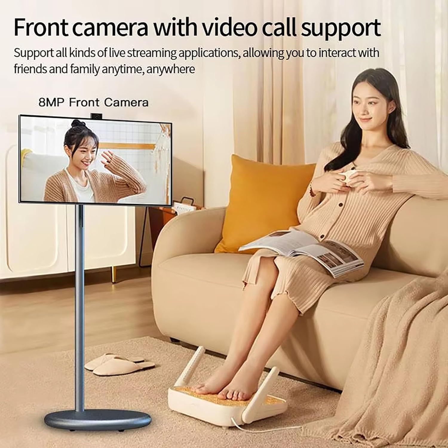 27 Inch Smart Portable TV on Wheels, Touchscreen Smart Portable Monitor, 1080P Portable Touch Screen Monitor, with Android 13, Built-in Battery, Full Swivel White