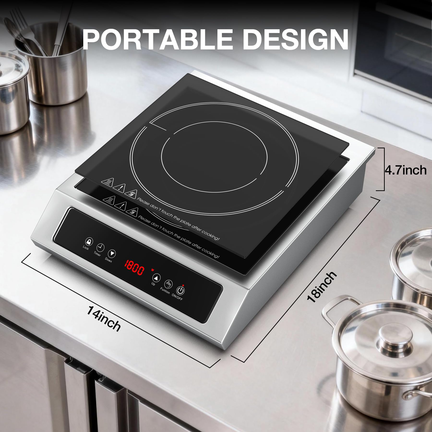 Plaque induction professionnelle 2000 W, feux électrique de comptoir 220V en acier inoxydable avec panneau tactile numérique et minuterie 3 heures pour restaurants, camping-cars