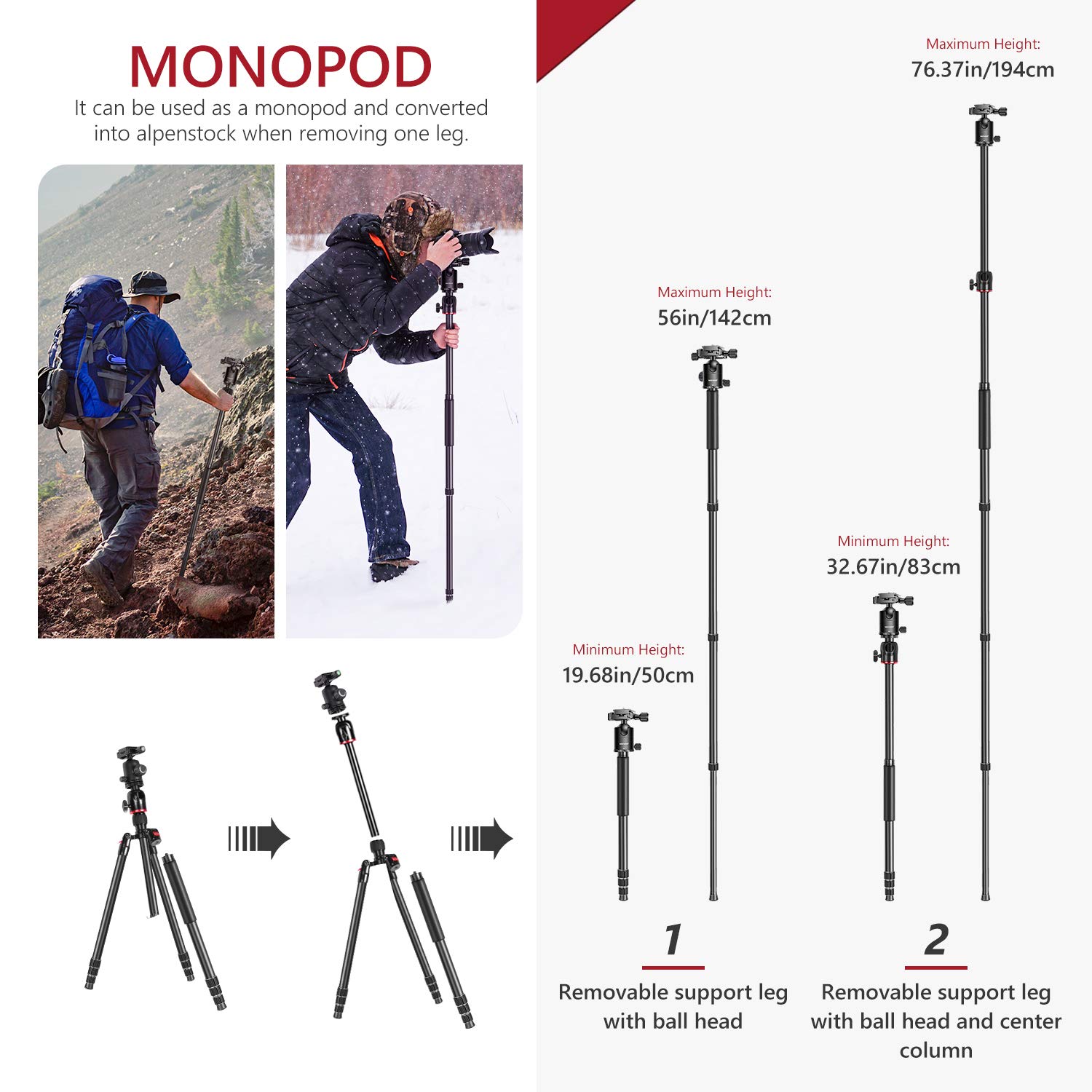 Monopiede Professionale Per Fotocamera - 6 Sezioni Regolabili Fino A 122cm - Per DSLR, Mirrorless, Smartphone, Microfoni E Luci LED - Leggero E Portatile (P-256A)