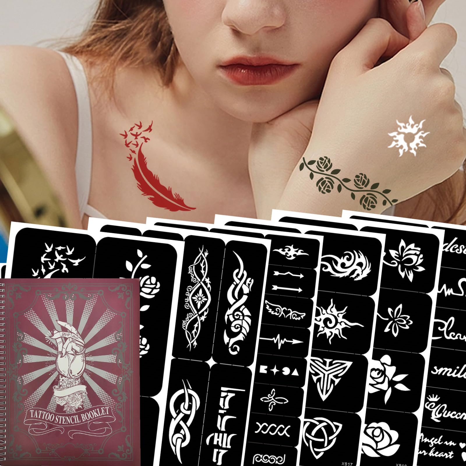 20 Sheets Glitter Tattoo Stencils, 482 Pcs Airbrush Temporary Tattoo Templates Henna Body Art Stencil for Women Boys and Girls (Red)