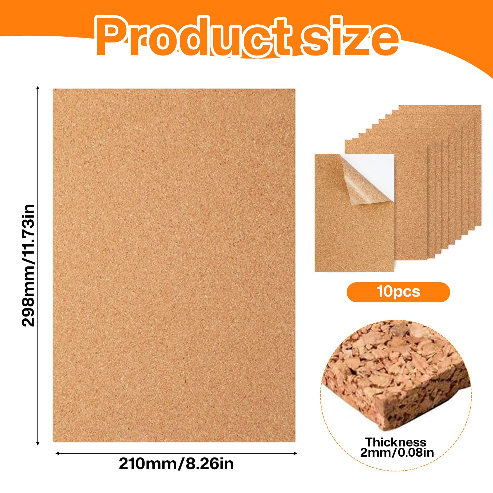 10 sztuk samoprzylepnych podkładek korkowych, 30 x 21 cm, 2 mm, podkładki korkowe, do majsterkowania, dekoracji stołu