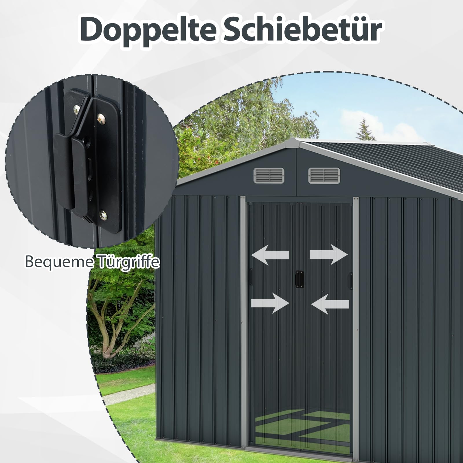 COSTWAY Geräteschuppen, Gerätehaus Metall mit Pultdach & Schiebetüren, Gartenhaus mit 4 Luftventile & Bodenbasis, Fahrradgarage Gartenschuppen für Garten, Rasen, Terrasse, 235 x 171 x 196 cm