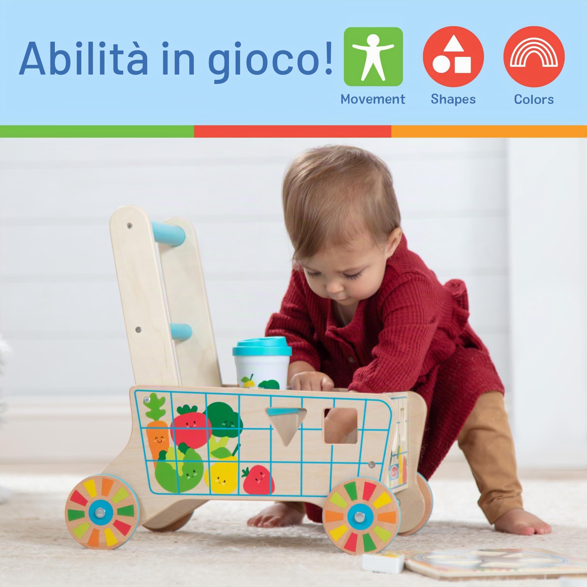 Melissa & Doug - Carrello della spesa giocattolo in legno per ordinare le forme con puzzle, Giochi in legno, Giocattoli per lo sviluppo, 12 mesi, Regalo per bambino e bambina - Certificati FSC