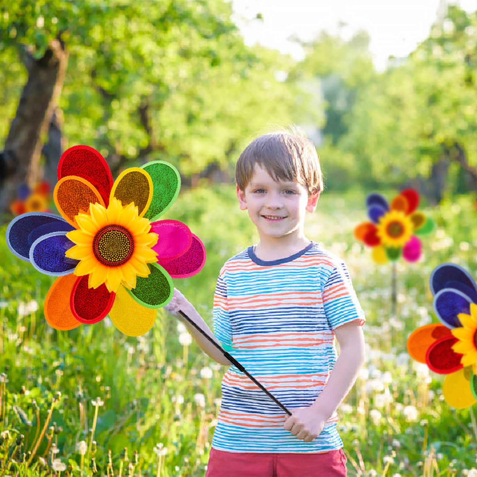 Moulins à Vent Jardin - Lot De 3 - Tournesol Arc-en-Ciel - 66cm - Décoration Extérieure Enfants
