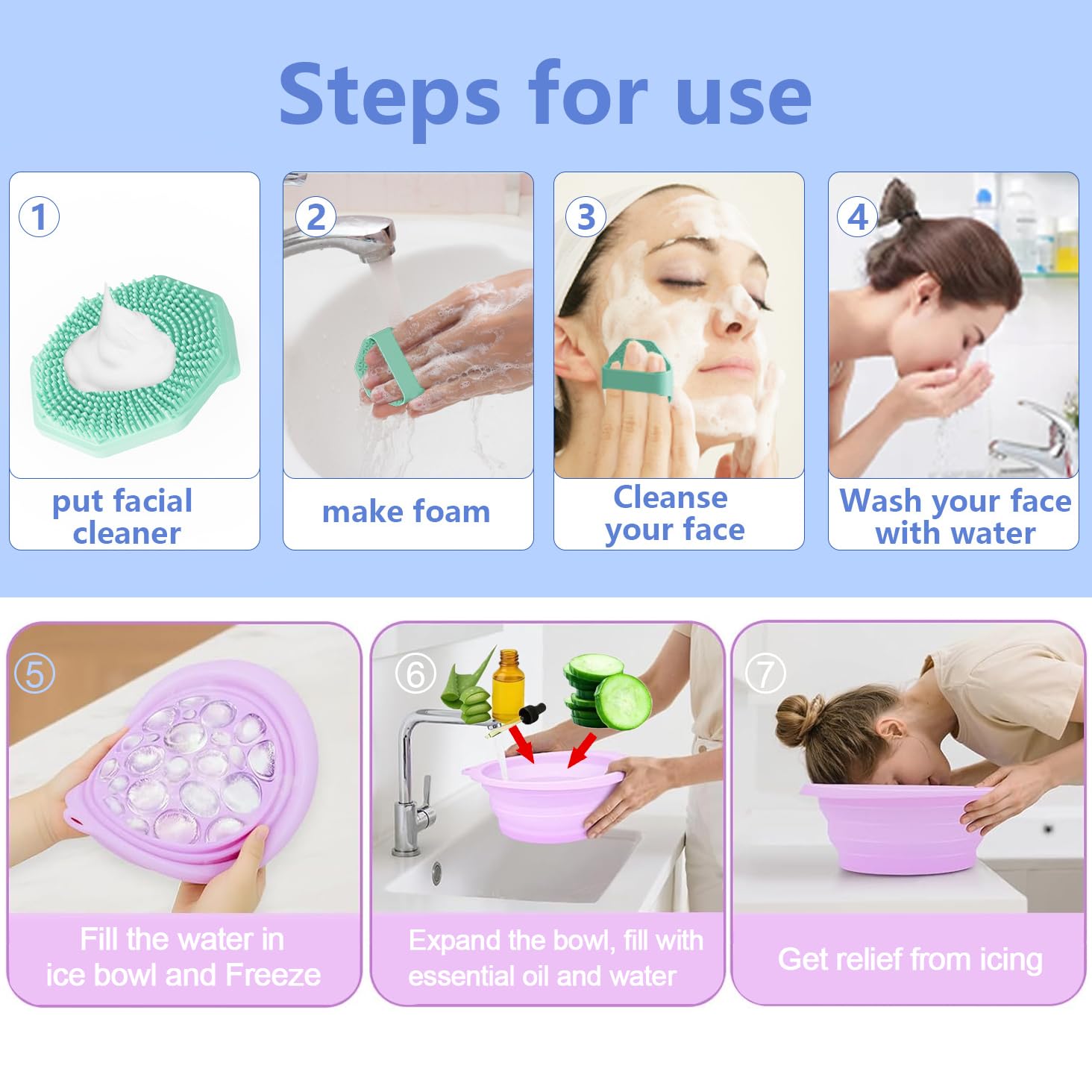 Foldable Ice Bowl for Face Silicone Bowl and Brush for Face Ice Bath Portable Facebowl with Built-in Icetray - Image 2
