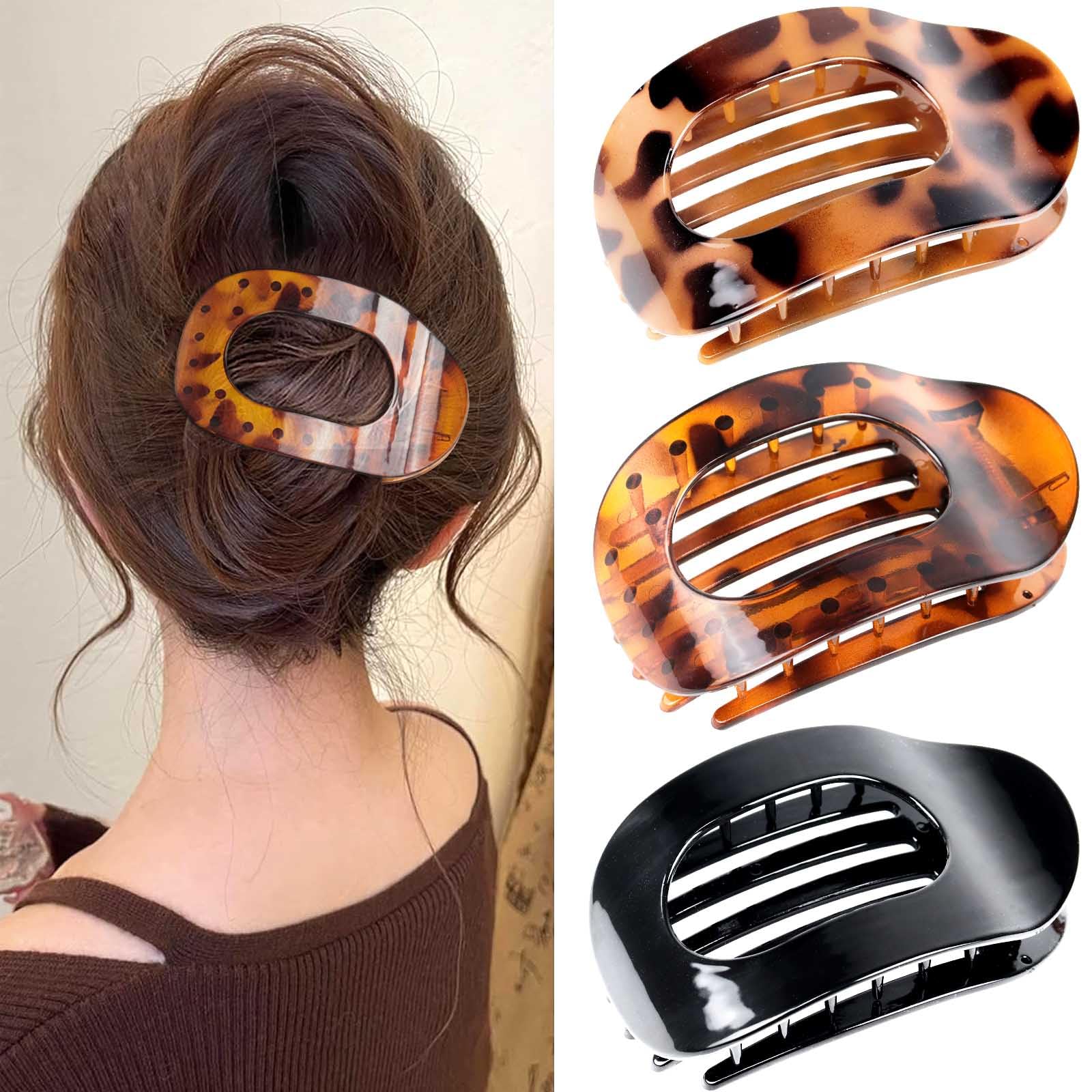Tumurup Women's Hair Clips - 3 Pack Flat Claw Clips, French Leopard Print Hair Accessories for Thin/Thick Hair, Non-Slip & Lightweight