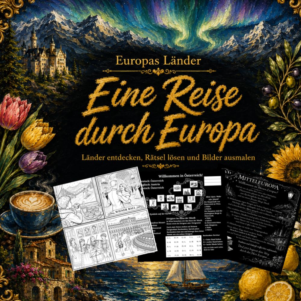 Eine Reise durch Europa: Europas Länder entdecken, Rätsel lösen und Bilder ausmalen