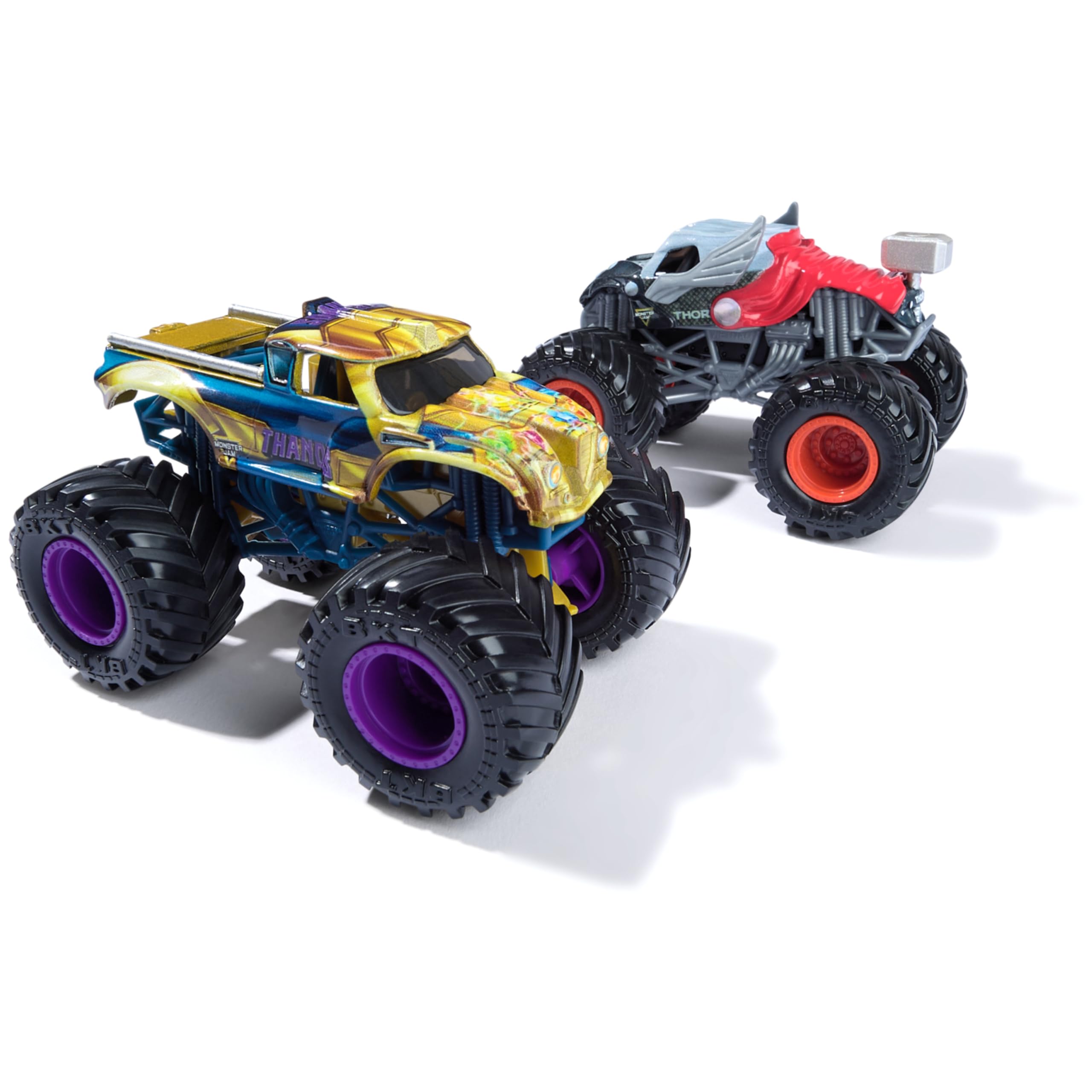 Monster Jam, Marvel Oficjalne odlewane ciężarówki Thanos Vs Thor Monster Truck w skali 1:64, zabawki dla chłopców i dziewczynek od 3 lat