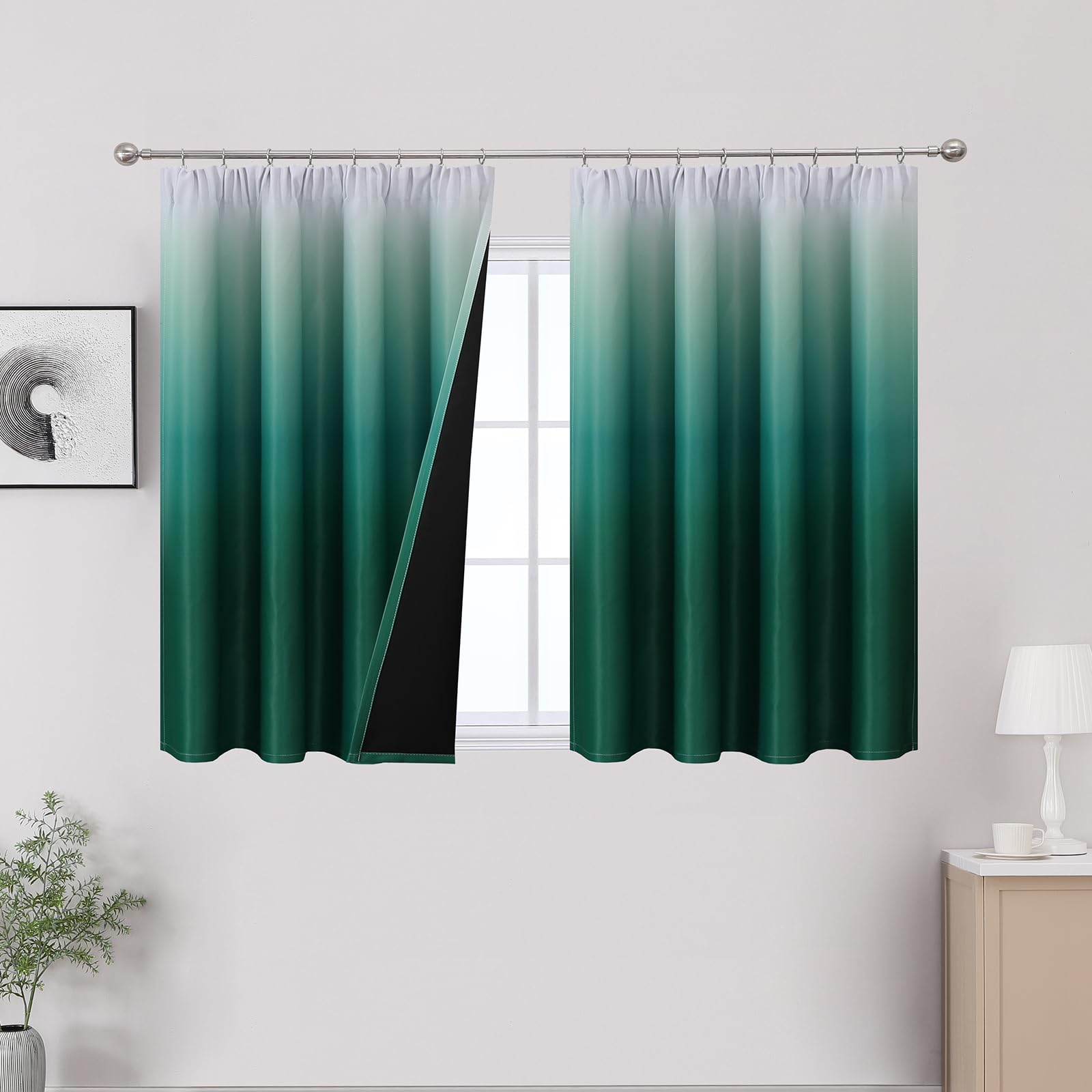 VEHEDE Dark Green and White Blackout Curtains, 2 Panels Small Ombre Curtain for Bedroom, Gradient Pencil Pleat Thermal Insulated Drapes for Living Room, W46 x L54 Inch