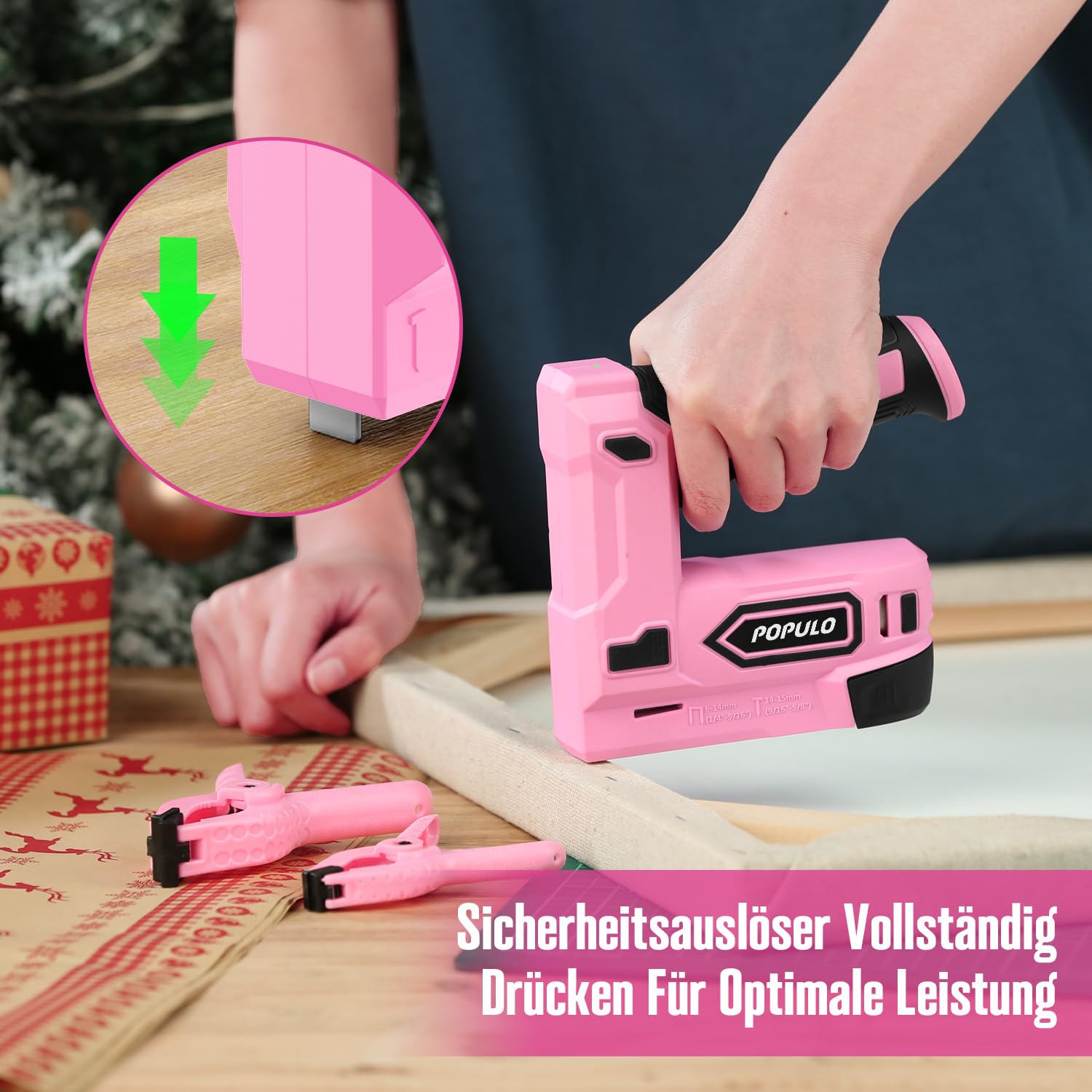 POPULO Akku Tacker, 2-in-1 Lithium-Ionen-Heftgerät, 4V Nagelgerät Set Mit Ladekabel, 2600 Heftklammern & Nägel, Power-Tacker Inklusive Nagelzieher für Bastelarbeiten, DIY und Polsterarbeiten, Rosa