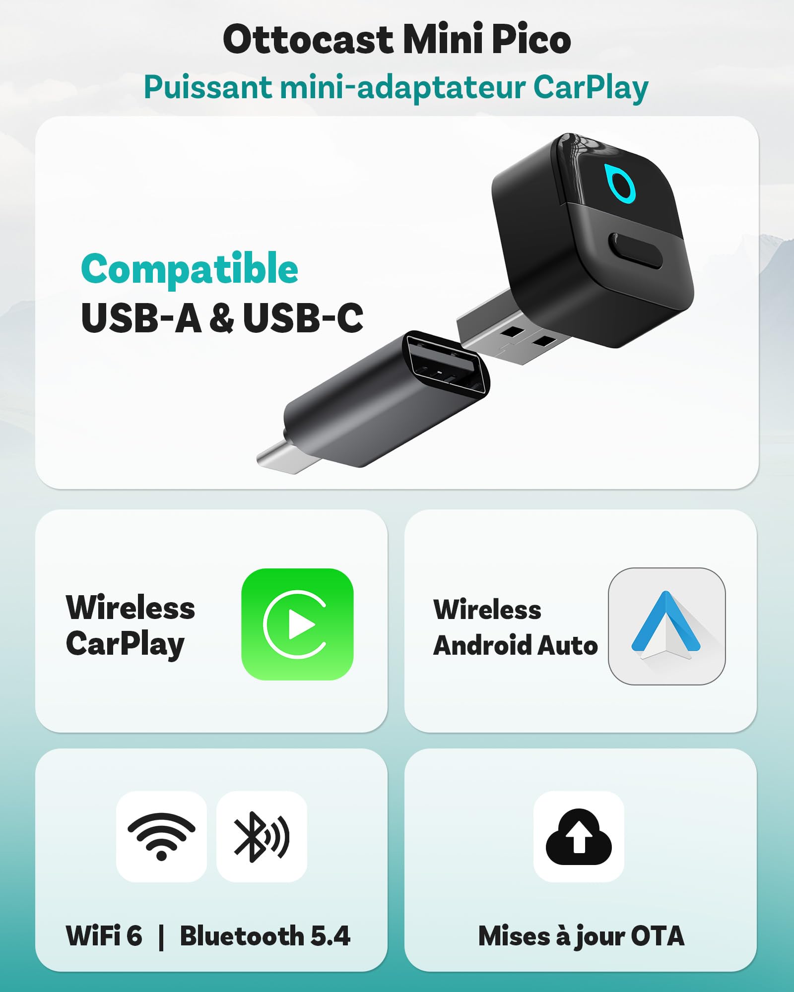 OTTOCAST Mini Pico 2026 Adaptateur CarPlay & Android Auto sans Fil, WiFi 6 & Bluetooth 5.4, Mini Dongle USB Plug & Play, Conversion CarPlay/Android Auto Filaire en Wireless