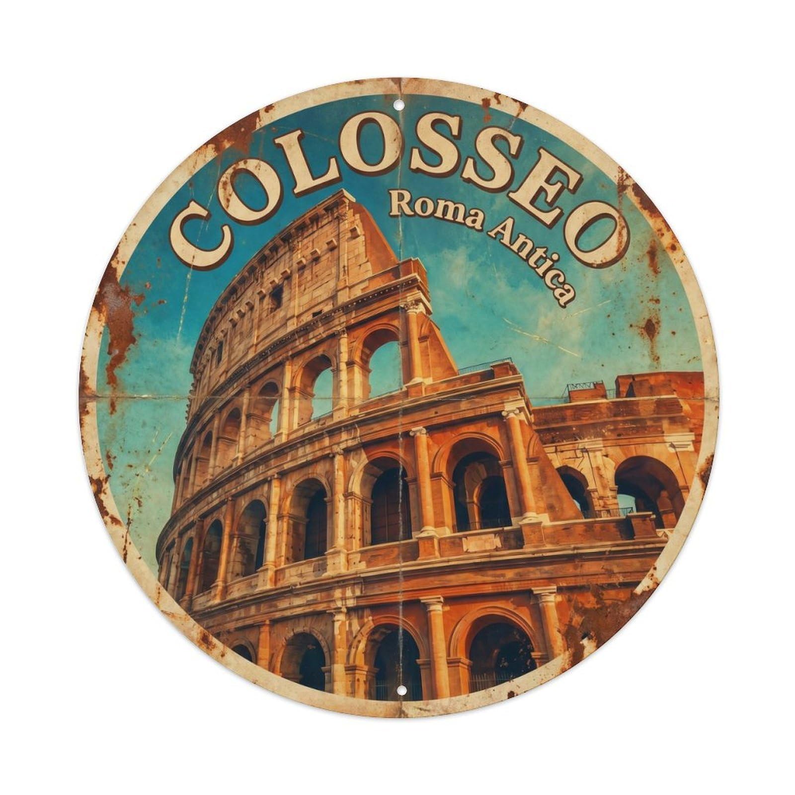 Vintage Travel Colosseum Gladiator Rome Metal Tin Sign Plaque Wall Decor for Cafe, Club Bar, Office, Home Garden Round Metal Poster 8x8Inch