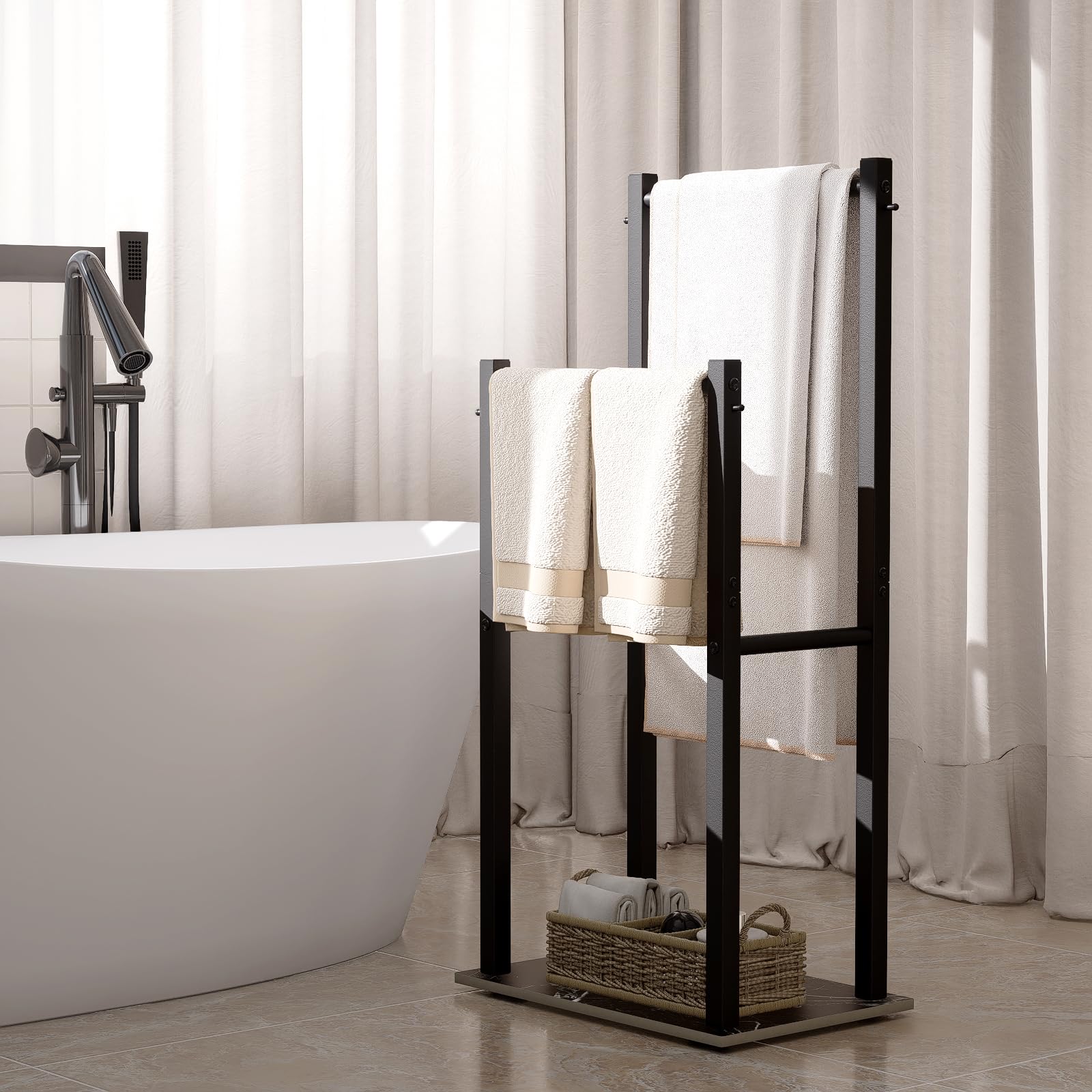 Yawinhe Porte Serviettes, Accessoires de Salle de Bain, Porte-Serviettes sur Pied avec 2 Barres, pour Serviettes de Bain, Vêtements, 39x26x80cm, Noir, SMJ002B-