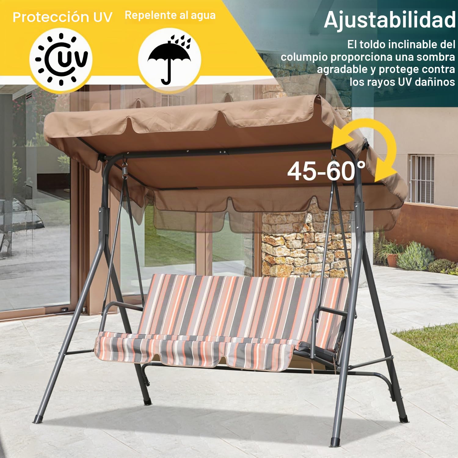 Angel Living Columpio de Jardín de Metal con Parasol Balancín de 3 Asientos con Cojín y Techo Ajustable para Terrza Balcón Exterior Acero Máx. 240kg - 169x110x151cm (Caqui)
