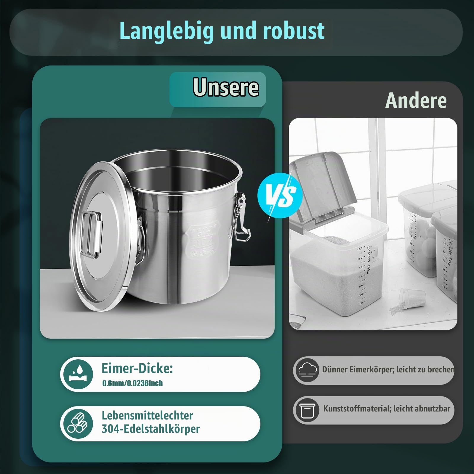 304 Edelstahl Luftdichte Vorratsdose mit Deckel, 3/4-Punkt Verschluss für Reis, Mehl, Getreide & Trockenvorräte – Küche & Speisekammer Aufbewahrung (12, Liter)